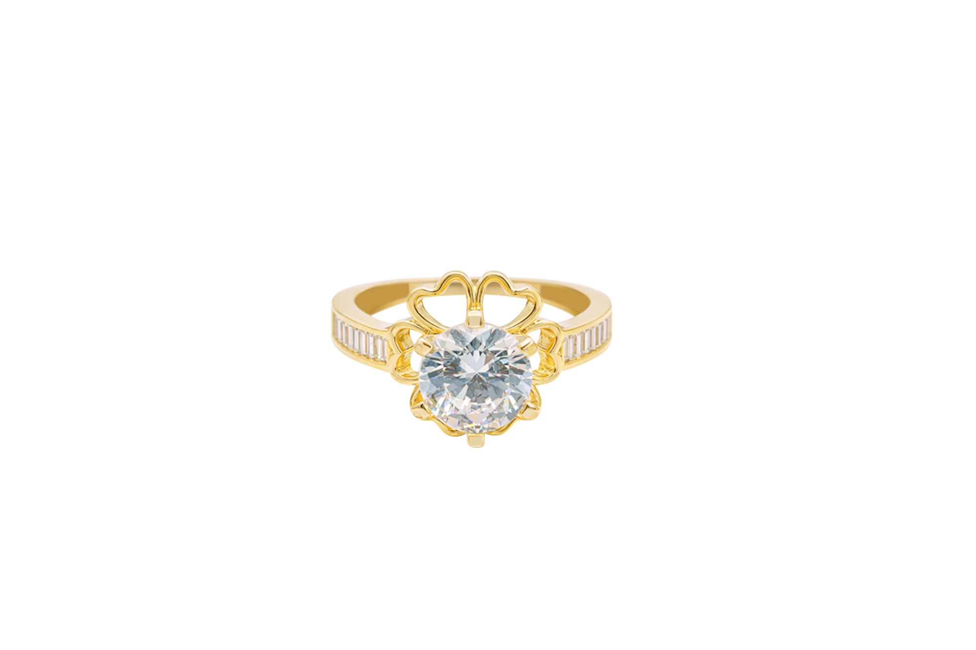14KT Gold Ring Women's Round White CZ Center Stone Open Flower Heart Petals with White CZ Baguette Stone Band