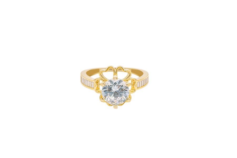 14KT Gold Ring Women's Round White CZ Center Stone Open Flower Heart Petals with White CZ Baguette Stone Band