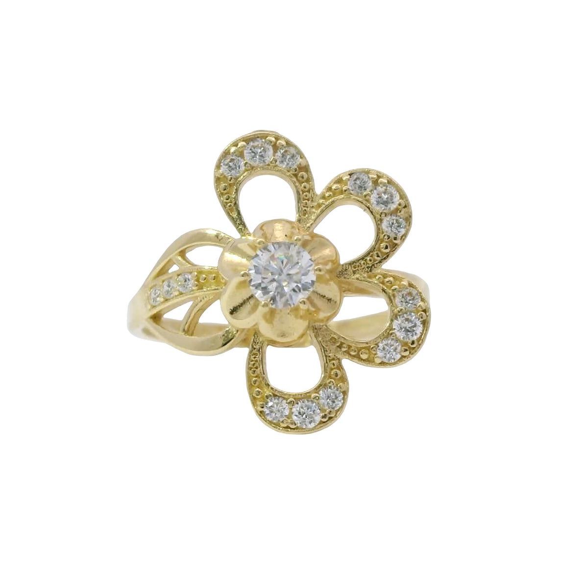 14KT Gold Ring Women's Light Weight 4 Petal Flower Open Center with White CZ Stone Round Border and Beaded Stem Sunflower Bypass Band