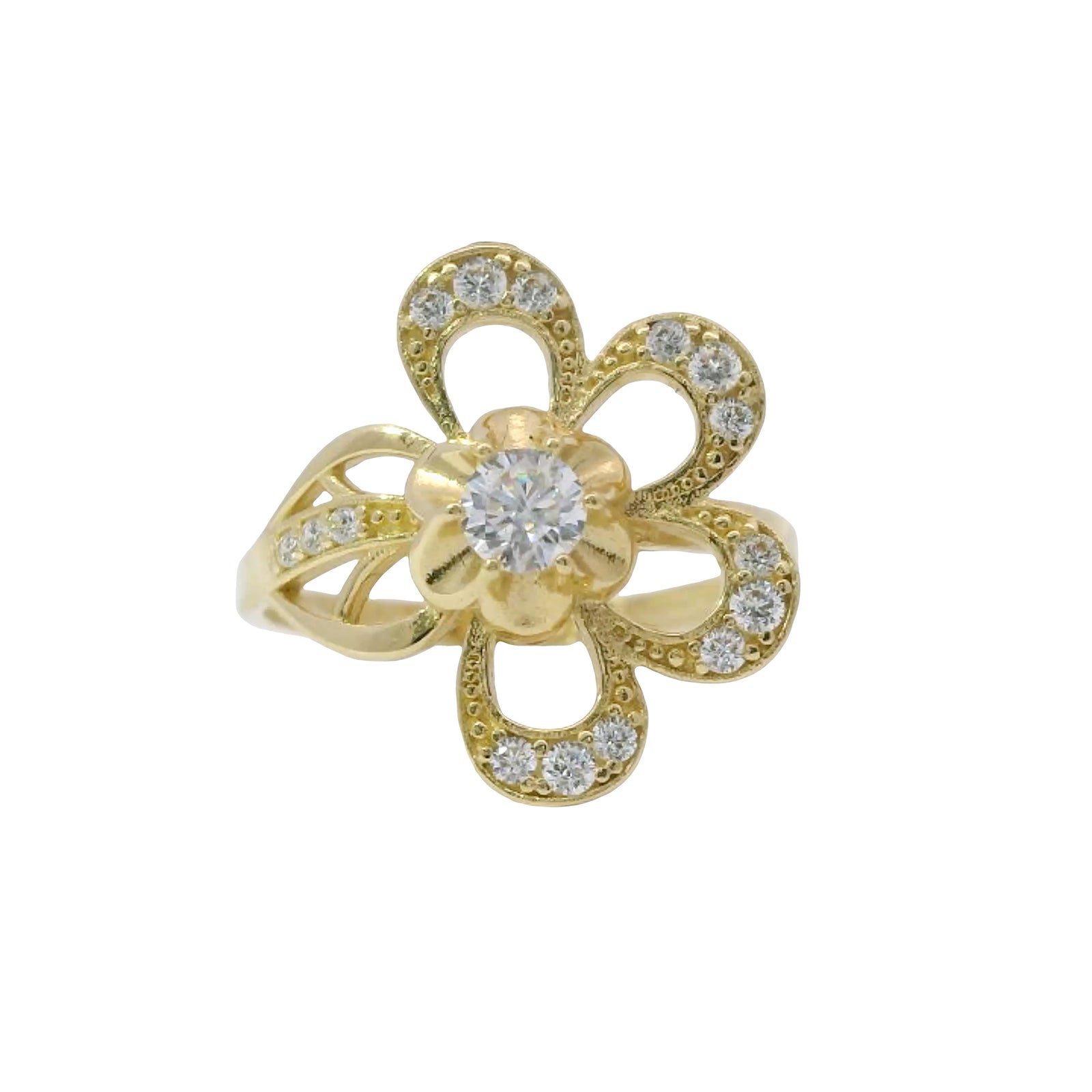 14KT Gold Ring Women's Light Weight 4 Petal Flower Open Center with White CZ Stone Round Border and Beaded Stem Sunflower Bypass Band