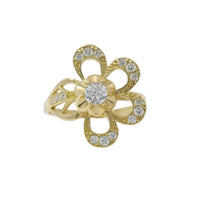 14KT Gold Ring Women's Light Weight 4 Petal Flower Open Center with White CZ Stone Round Border and Beaded Stem Sunflower Bypass Band
