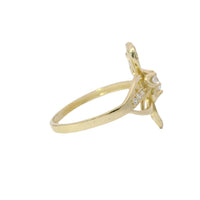 14KT Gold Ring Women's Light Weight 4 Petal Flower Open Center with White CZ Stone Round Border and Beaded Stem Sunflower Bypass Band