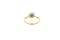 14KT Gold Flower Women's Ring Square Navy Blue Center with White CZ Stone Petals Border Plain Band