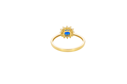 14KT Gold Flower Women's Ring Square Navy Blue Center with White CZ Stone Petals Border Plain Band