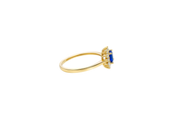 14KT Gold Flower Women's Ring Square Navy Blue Center with White CZ Stone Petals Border Plain Band