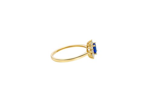 14KT Gold Flower Women's Ring Square Navy Blue Center with White CZ Stone Petals Border Plain Band