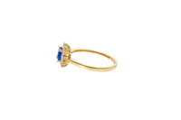 14KT Gold Flower Women's Ring Square Navy Blue Center with White CZ Stone Petals Border Plain Band