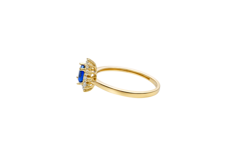 14KT Gold Flower Women's Ring Square Navy Blue Center with White CZ Stone Petals Border Plain Band