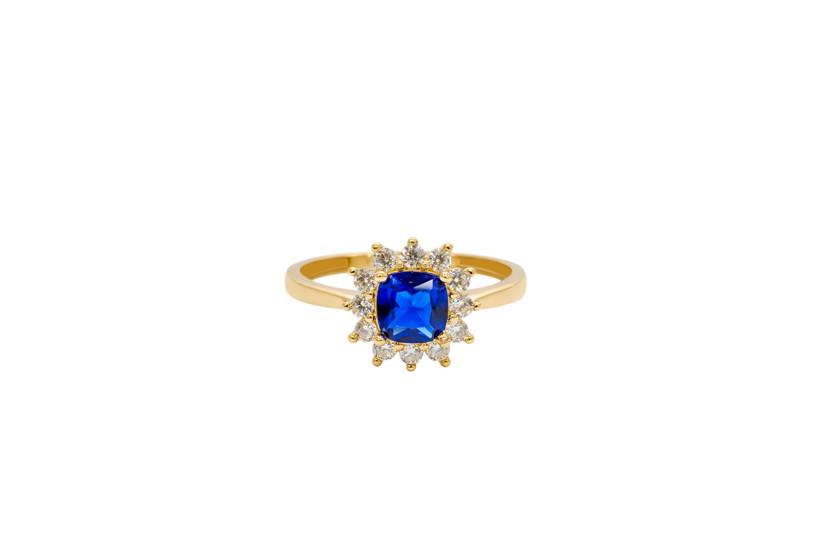 14KT Gold Flower Women's Ring Square Navy Blue Center with White CZ Stone Petals Border Plain Band