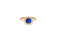 14KT Gold Flower Women's Ring Square Navy Blue Center with White CZ Stone Petals Border Plain Band