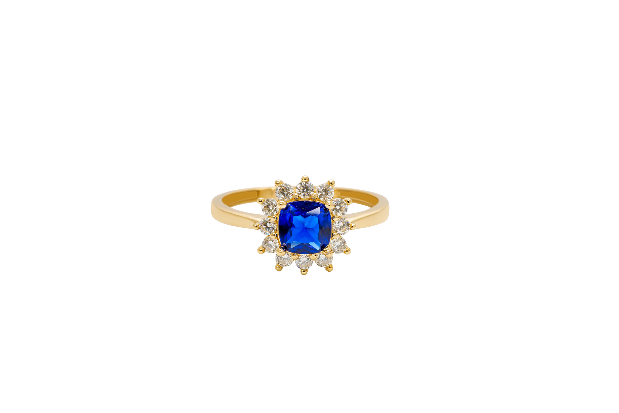 14KT Gold Flower Women's Ring Square Navy Blue Center with White CZ Stone Petals Border Plain Band