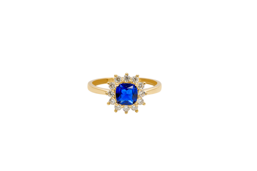 14KT Gold Flower Women's Ring Square Navy Blue Center with White CZ Stone Petals Border Plain Band