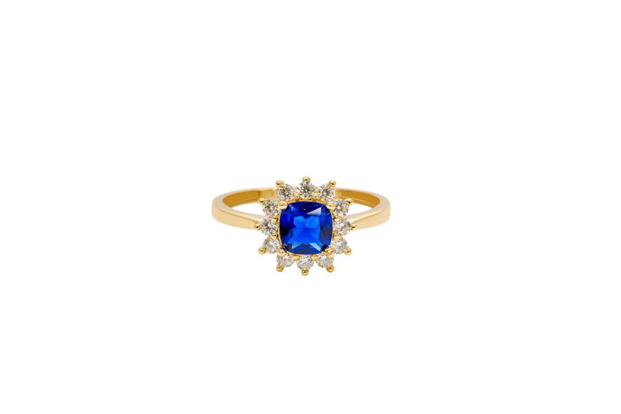 14KT Gold Flower Women's Ring Square Navy Blue Center with White CZ Stone Petals Border Plain Band
