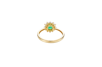 14KT Gold Flower Women's Ring Square Dark Green Center with White CZ Stone Petals Border Plain Band