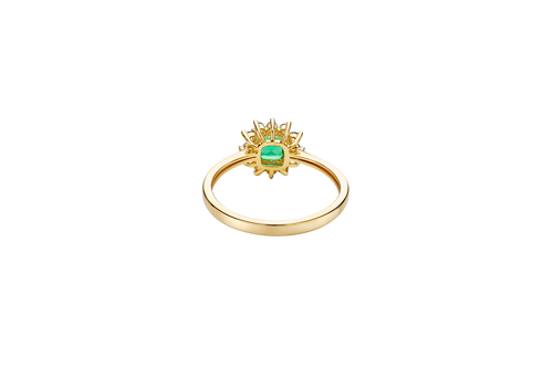 14KT Gold Flower Women's Ring Square Dark Green Center with White CZ Stone Petals Border Plain Band