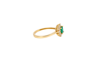 14KT Gold Flower Women's Ring Square Dark Green Center with White CZ Stone Petals Border Plain Band