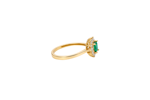 14KT Gold Flower Women's Ring Square Dark Green Center with White CZ Stone Petals Border Plain Band