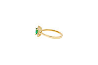 14KT Gold Flower Women's Ring Square Dark Green Center with White CZ Stone Petals Border Plain Band