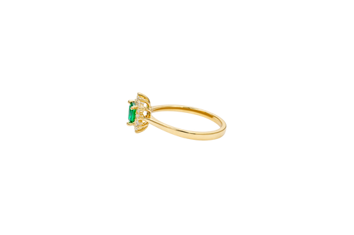 14KT Gold Flower Women's Ring Square Dark Green Center with White CZ Stone Petals Border Plain Band
