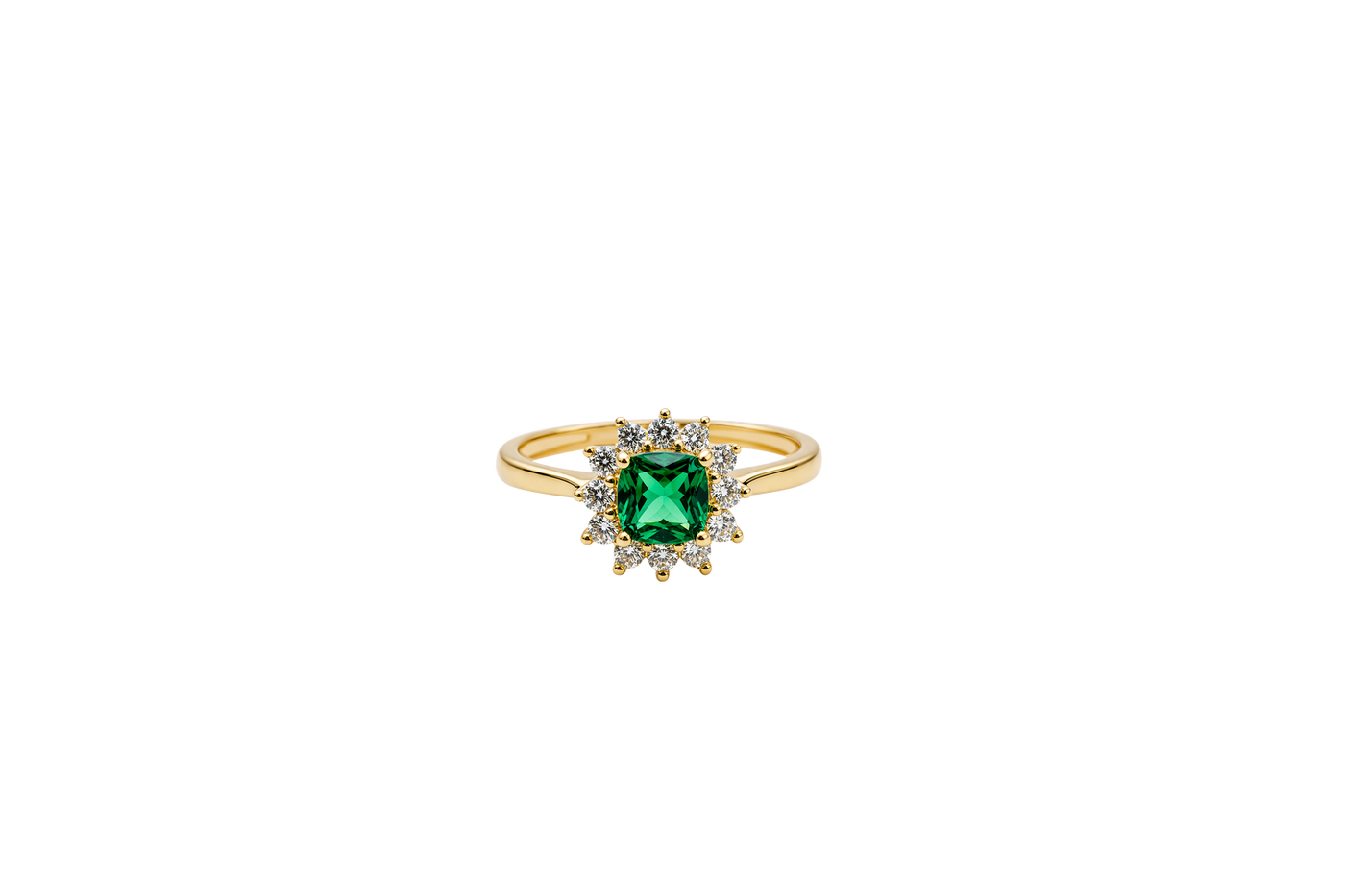 14KT Gold Flower Women's Ring Square Dark Green Center with White CZ Stone Petals Border Plain Band