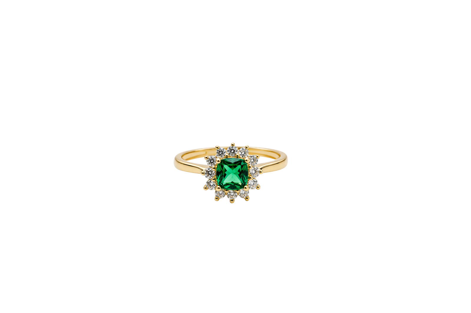 14KT Gold Flower Women's Ring Square Dark Green Center with White CZ Stone Petals Border Plain Band
