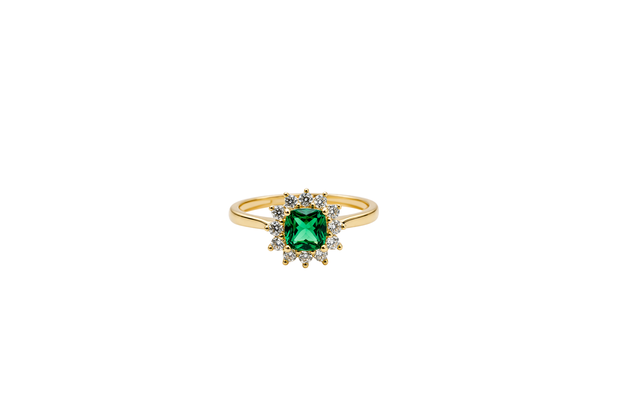 14KT Gold Flower Women's Ring Square Dark Green Center with White CZ Stone Petals Border Plain Band