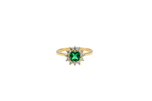 14KT Gold Flower Women's Ring Square Dark Green Center with White CZ Stone Petals Border Plain Band