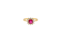 14KT Gold Ring Women's Flower Square Dark Pink Center with White CZ Stone Petals Border Plain Band