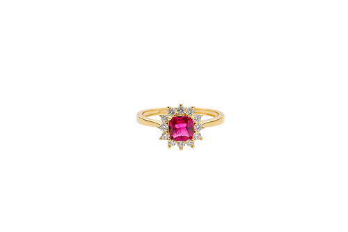 14KT Gold Ring Women's Flower Square Dark Pink Center with White CZ Stone Petals Border Plain Band