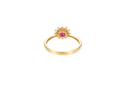 14KT Gold Ring Women's Flower Square Dark Pink Center with White CZ Stone Petals Border Plain Band