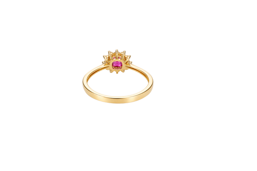 14KT Gold Ring Women's Flower Square Dark Pink Center with White CZ Stone Petals Border Plain Band