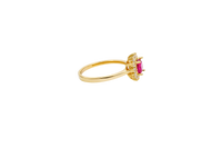 14KT Gold Ring Women's Flower Square Dark Pink Center with White CZ Stone Petals Border Plain Band