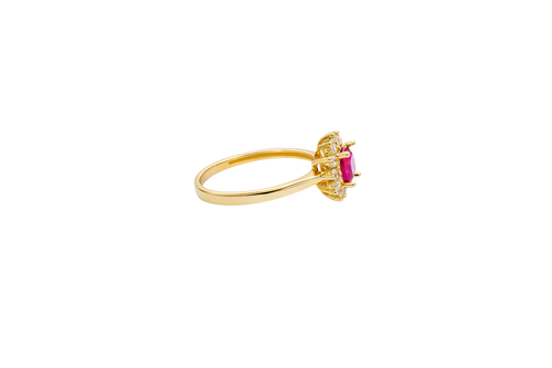 14KT Gold Ring Women's Flower Square Dark Pink Center with White CZ Stone Petals Border Plain Band