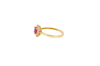 14KT Gold Ring Women's Flower Square Dark Pink Center with White CZ Stone Petals Border Plain Band