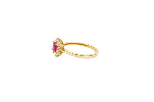 14KT Gold Ring Women's Flower Square Dark Pink Center with White CZ Stone Petals Border Plain Band