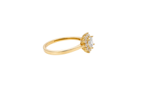 14KT Gold Ring Women's Flower Square White Center with White CZ Stone Petals Border Plain Band