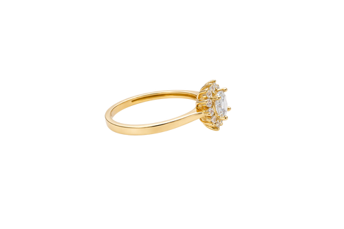 14KT Gold Ring Women's Flower Square White Center with White CZ Stone Petals Border Plain Band