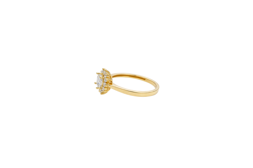 14KT Gold Ring Women's Flower Square White Center with White CZ Stone Petals Border Plain Band