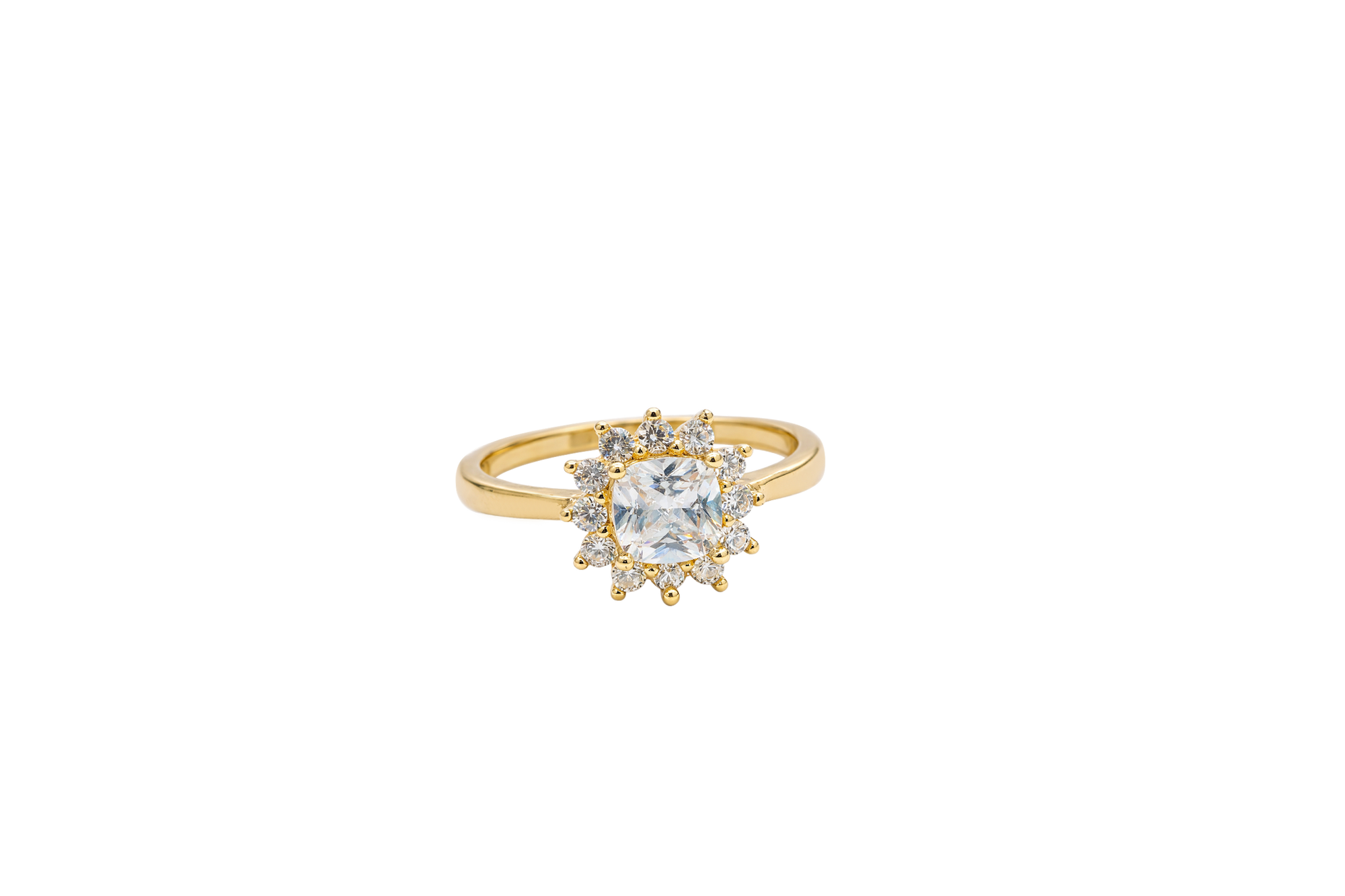 14KT Gold Ring Women's Flower Square White Center with White CZ Stone Petals Border Plain Band