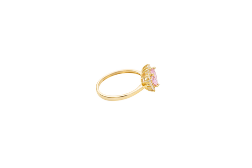 14KT Gold Ring Women's Flower Heart Pink Center Stone with White CZ Stone Petal Border Plain Band