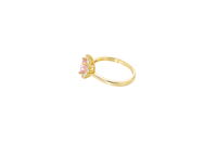 14KT Gold Ring Women's Flower Heart Pink Center Stone with White CZ Stone Petal Border Plain Band
