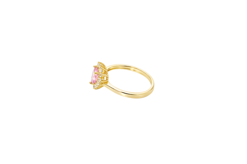 14KT Gold Ring Women's Flower Heart Pink Center Stone with White CZ Stone Petal Border Plain Band