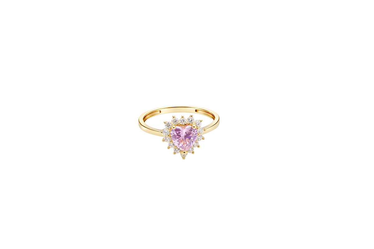 14KT Gold Ring Women's Flower Heart Pink Center Stone with White CZ Stone Petal Border Plain Band