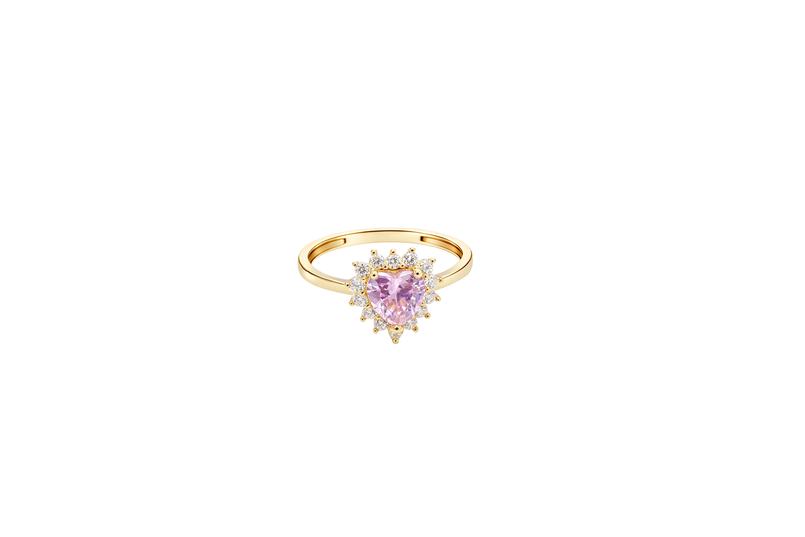 14KT Gold Ring Women's Flower Heart Pink Center Stone with White CZ Stone Petal Border Plain Band