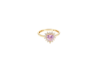 14KT Gold Ring Women's Flower Heart Pink Center Stone with White CZ Stone Petal Border Plain Band