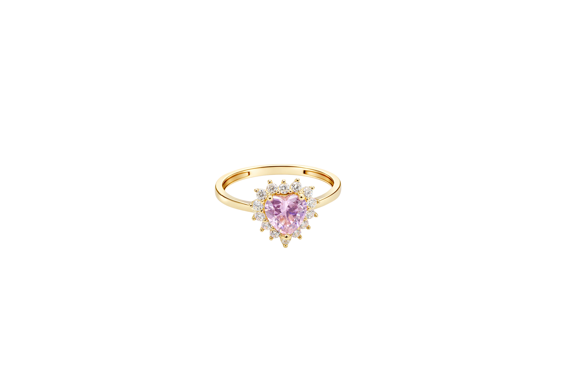 14KT Gold Ring Women's Flower Heart Pink Center Stone with White CZ Stone Petal Border Plain Band