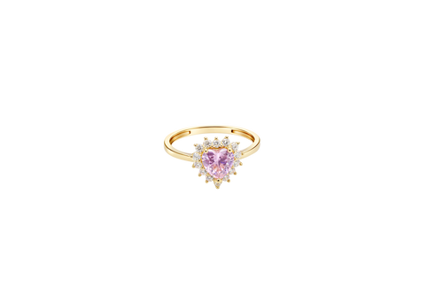 14KT Gold Ring Women's Flower Heart Pink Center Stone with White CZ Stone Petal Border Plain Band