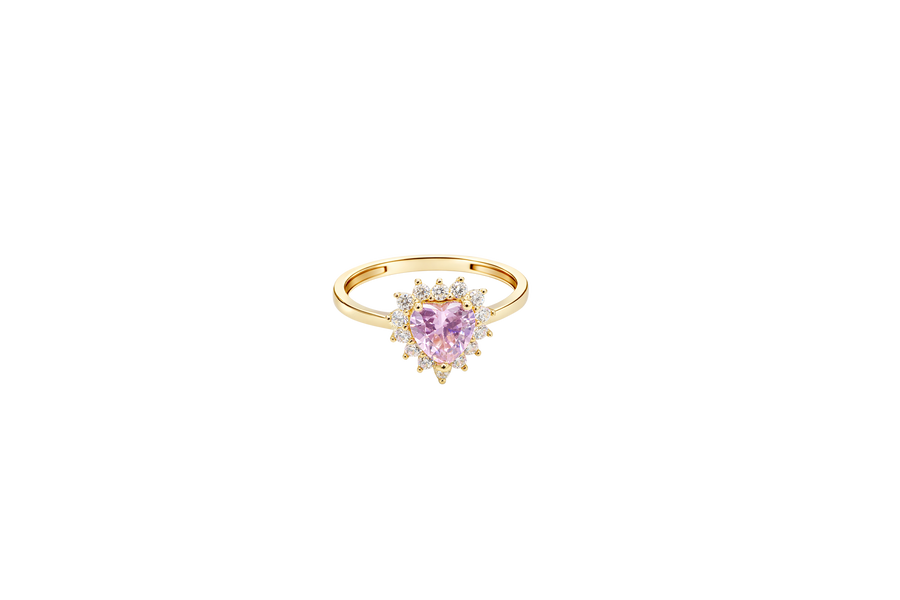 14KT Gold Ring Women's Flower Heart Pink Center Stone with White CZ Stone Petal Border Plain Band