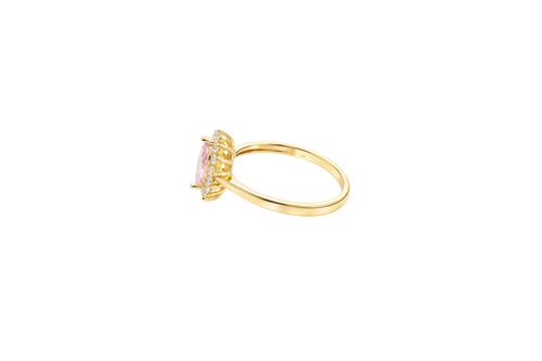 14KT Gold Ring Women's Flower Pink Marquise Center CZ Stone with White CZ Stone Petal Borders and Plain Band
