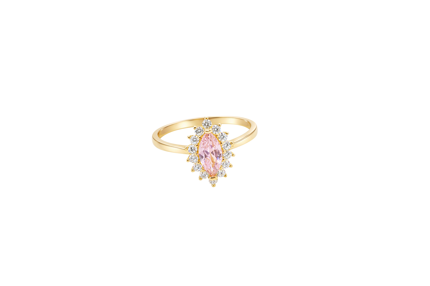 14KT Gold Ring Women's Flower Pink Marquise Center CZ Stone with White CZ Stone Petal Borders and Plain Band